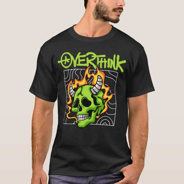 Flaming Green Skull with Horns streetwear T-Shirt (Front)