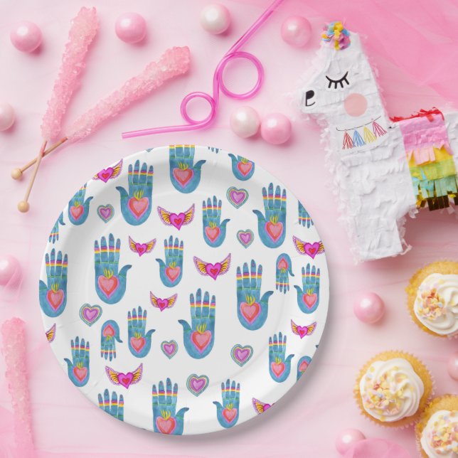 Flaming Hearts & Hands Watercolor Valentines Love Paper Plate (Party)