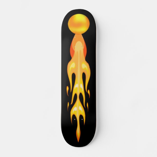 Flaming hot ball in red orange & yellow on black skateboard (Front)