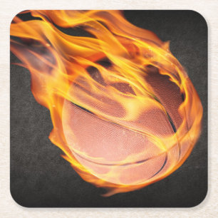 Flaming Hot Fiery Basketball Square Paper Coaster