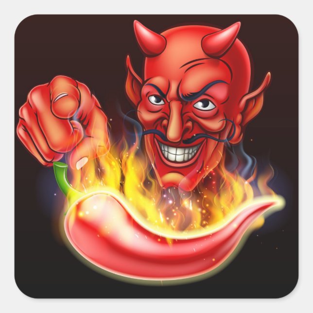 Flaming Hot Pepper and Pointing Devil Square Sticker (Front)