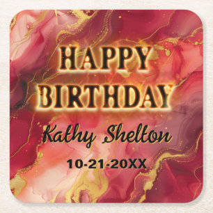 Flaming Hot Red and Gold Alcohol Ink Square Paper Coaster