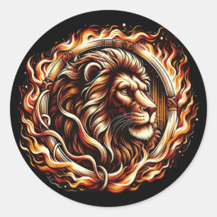 Flaming Lion in Ring of Fire Flames Astrology  Classic Round Sticker