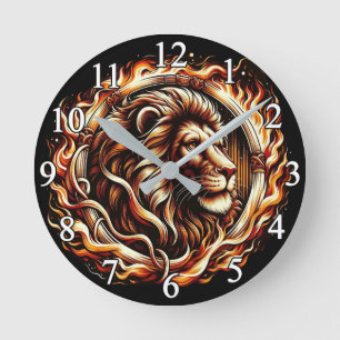 Flaming Lion in Ring of Fire Flames Astrology Round Clock