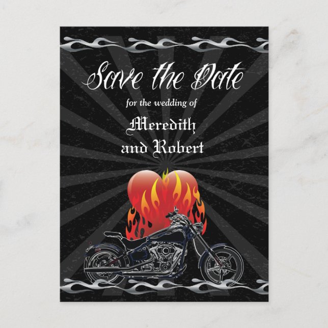 Flaming Love Biker Save the Date Announcement Postcard (Front)