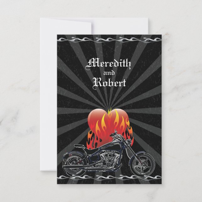 Flaming Love Biker Wedding Reply RSVP Card (Front)