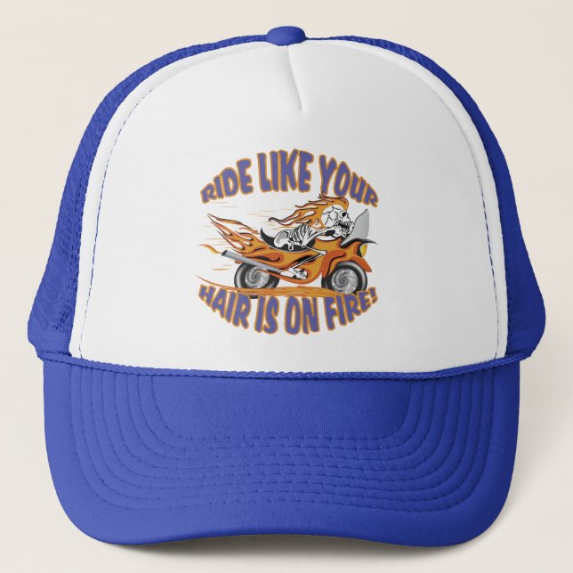 Flaming Motorcycle Skull Trucker Hat (Front)