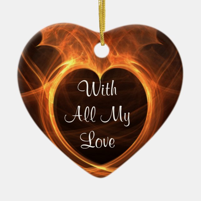 Flaming Orange Heart Design Keepsake Custom Ceramic Tree Decoration (Front)