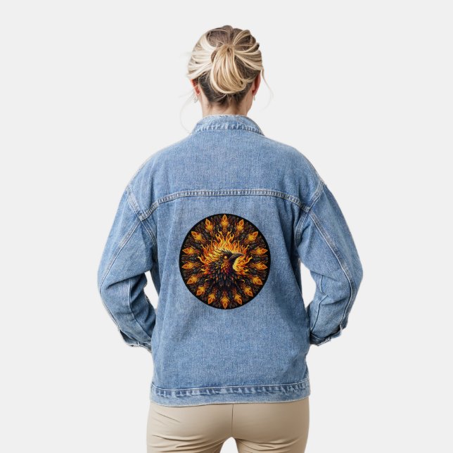 Flaming Phoenix Circular Graphic Denim Jacket (Model)