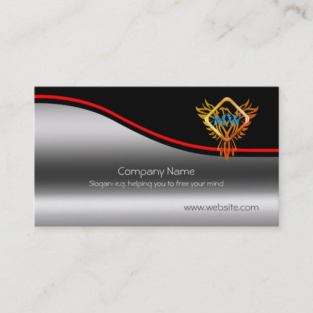 Flaming Phoenix, Red Swoosh on metallic-effect Business Card (Front)