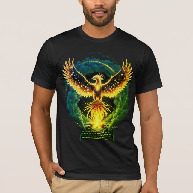 Flaming Phoenix Rising from Typewriter T-Shirt (Front)