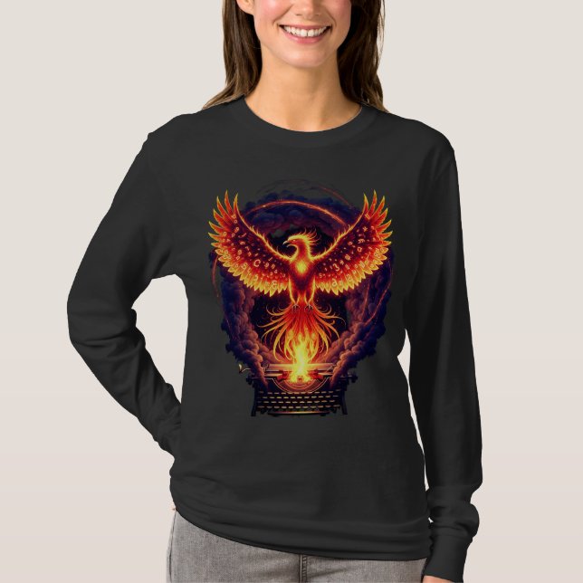 Flaming Phoenix Rising from Typewriter T-Shirt (Front)