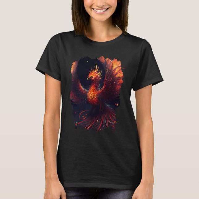 Flaming phoenix with ornaments and fiery glow T-Shirt (Front)