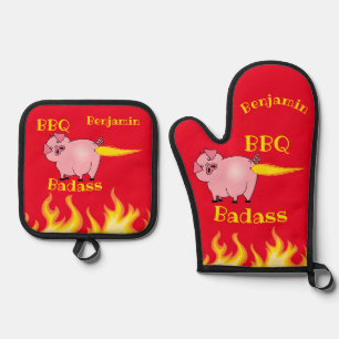 Flaming Pig Butt BBQ Badass Oven Mitt & Pot Holder Set