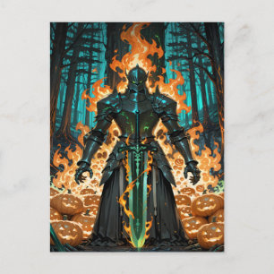 Flaming Pumpkin Knight Dark Forest Halloween Holiday Postcard