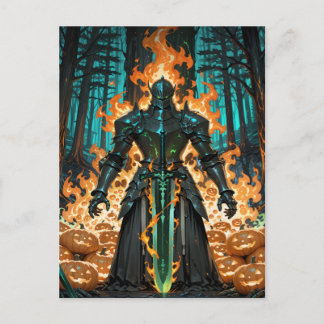 Flaming Pumpkin Knight Dark Forest Halloween Holiday Postcard