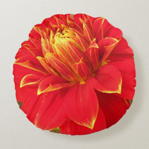 Flaming Red Dahlia Round Cushion
