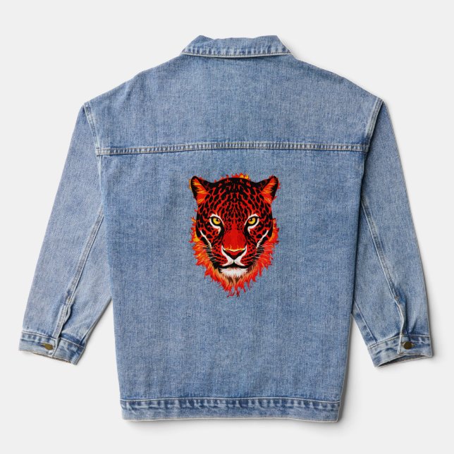 Flaming Red Leopard Head Denim Jacket (Back)