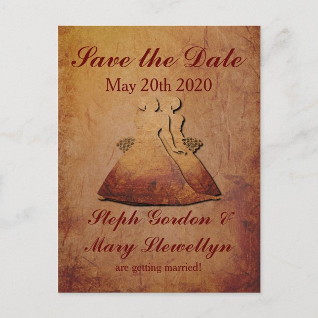 Flaming Red Rustic Lesbian Save the Date Postcard (Front)
