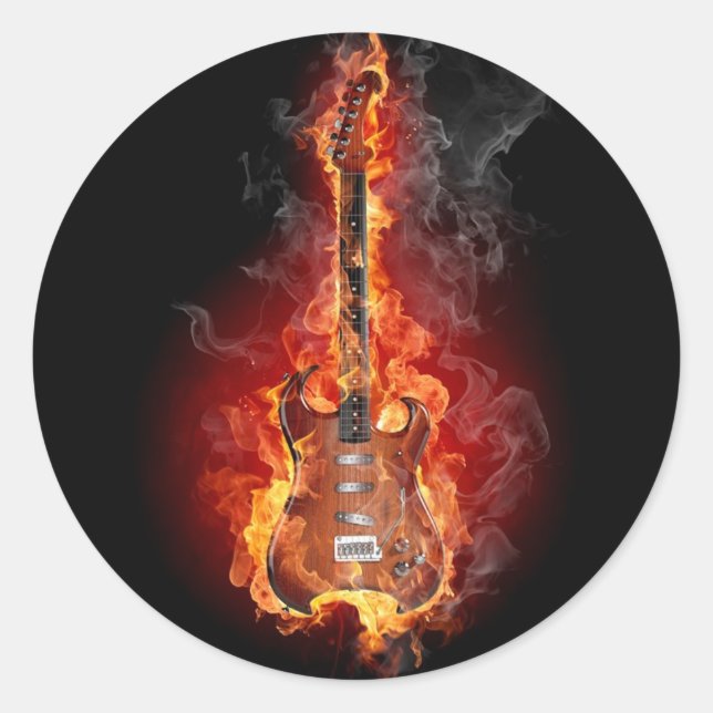 Flaming rock guitar classic round sticker (Front)