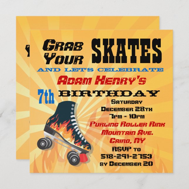 Flaming Roller Skating Birthday Party Invitation (Front/Back)