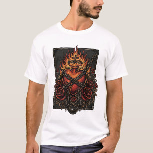 Flaming Sacred Heart with Roses Vintage Gothic Des T-Shirt