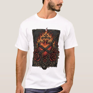 Flaming Sacred Heart with Roses Vintage Gothic Des T-Shirt