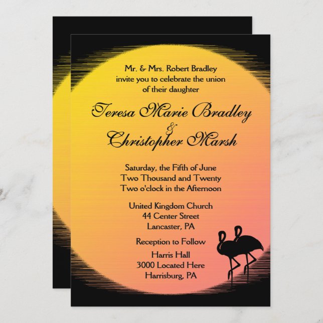 Flaming Setting Sun Evening Wedding Invitation (Front/Back)