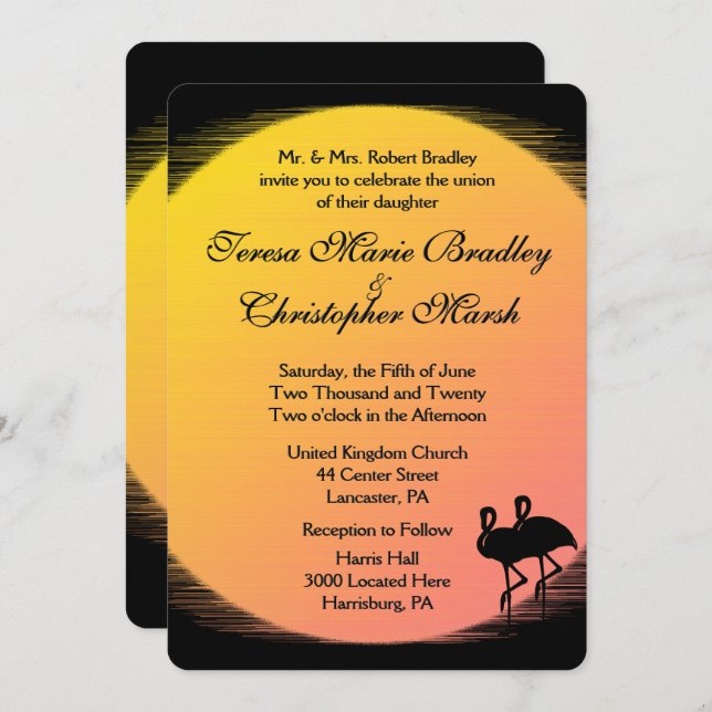 Flaming Setting Sun Evening Wedding Invitation (Front/Back)