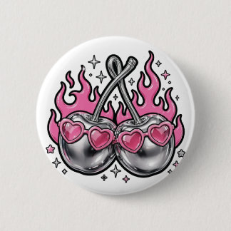 Flaming Silver Cherries - Chrome Cherry On Fire Y2 6 Cm Round Badge