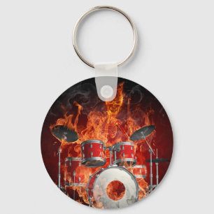 Flaming Skeleton on Drums Key Chain