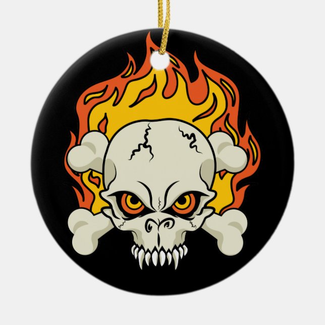 Flaming Skull and Crossbones Ceramic Tree Decoration (Front)