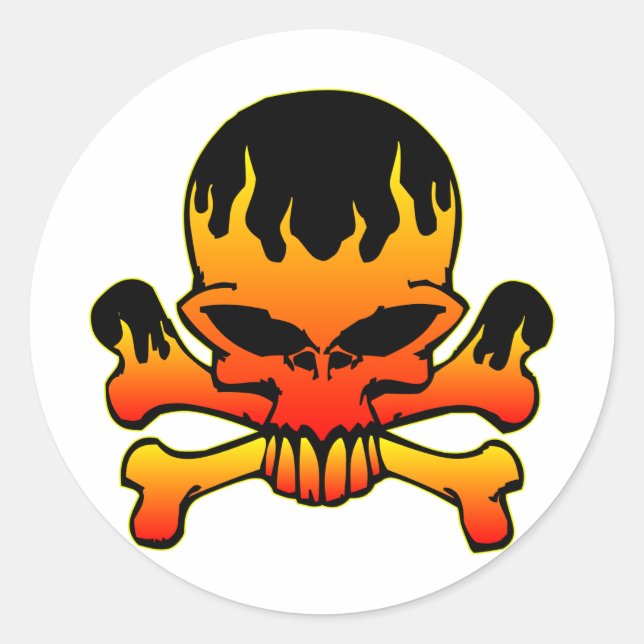 Flaming Skull and Crossbones Classic Round Sticker (Front)