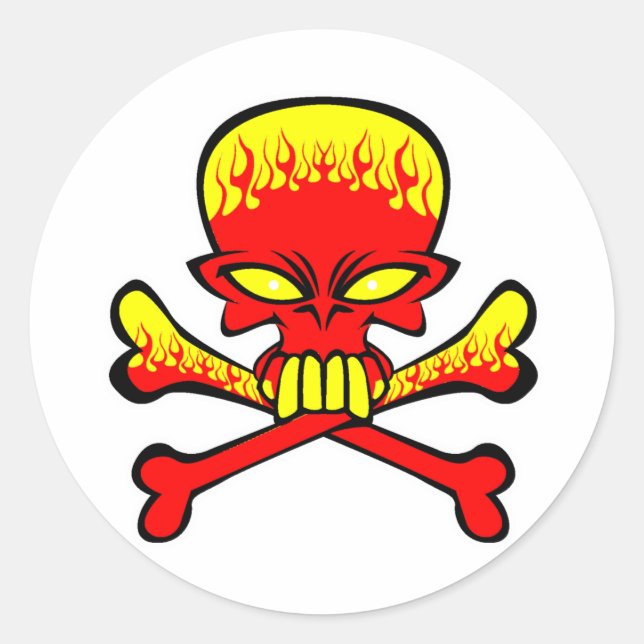 Flaming Skull and Crossbones Classic Round Sticker (Front)