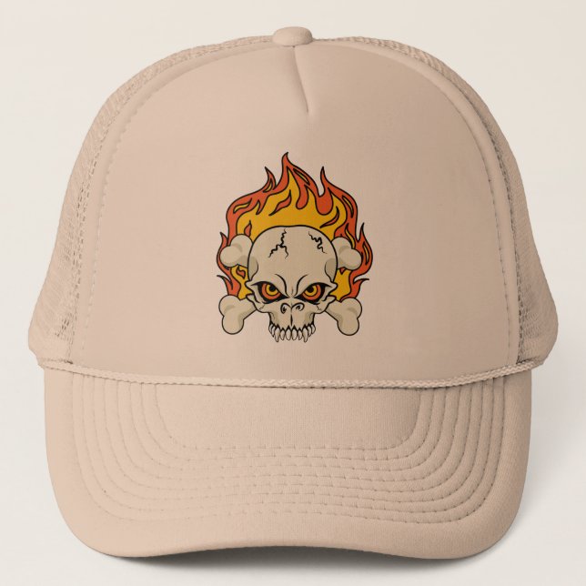 Flaming Skull and Crossbones Trucker Hat (Front)