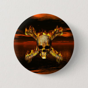 Flaming Skull and Crossbones w/Red Sky Background 6 Cm Round Badge