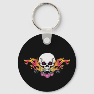 Flaming Skull and Hearts Key Ring
