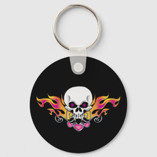 Flaming Skull and Hearts Key Ring