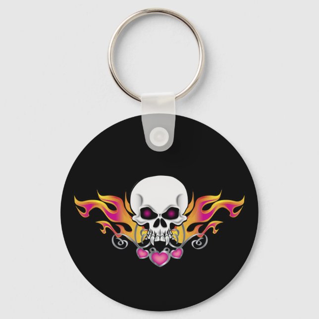 Flaming Skull and Hearts Key Ring (Front)