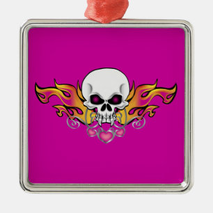 Flaming Skull and Hearts Metal Ornament