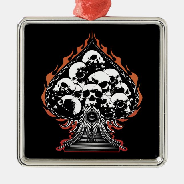 Flaming Skull and Hearts Metal Tree Decoration (Front)