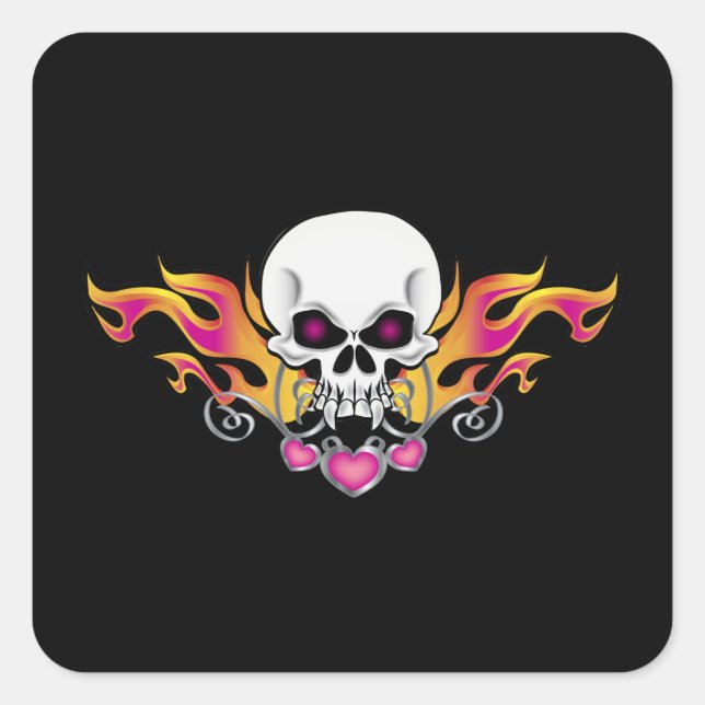 Flaming Skull and Hearts Square Sticker (Front)