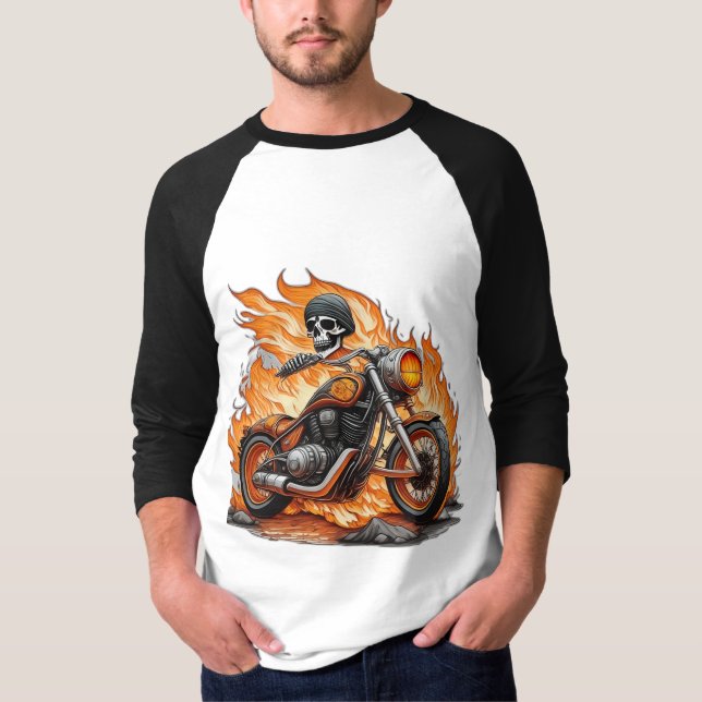Flaming Skull bike Rock & Roll Emblem T-Shirt (Front)