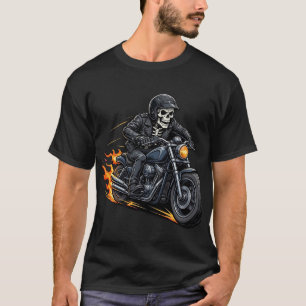 Flaming Skull Biker T-Shirt - Skeleton Motorcycle