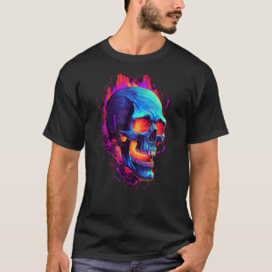 Flaming Skull Cool Red Orange & Blue Skeleton Skul T-Shirt