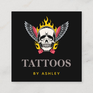 Flaming Skull Dice Wings Gothic Cool Tattoo Artist Square Business Card