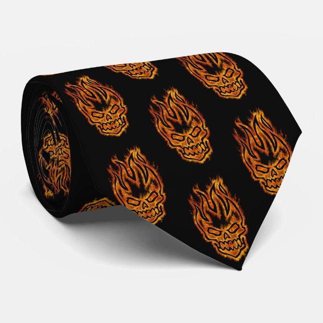 Flaming Skull Halloween Two-sided Printed Tie (Rolled)