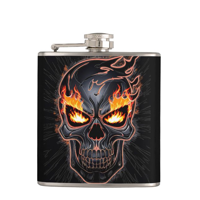 Flaming Skull - Metal Engraving Art #2 Hip Flask (Front)