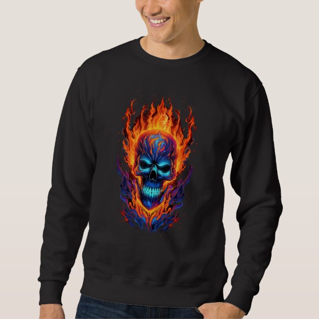 Flaming Skull Red Orange & Blue Cool Skeleton Skul Sweatshirt (Front)