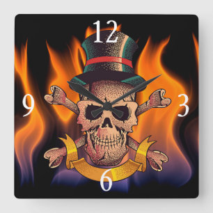 Flaming Skull Square Wall Clock